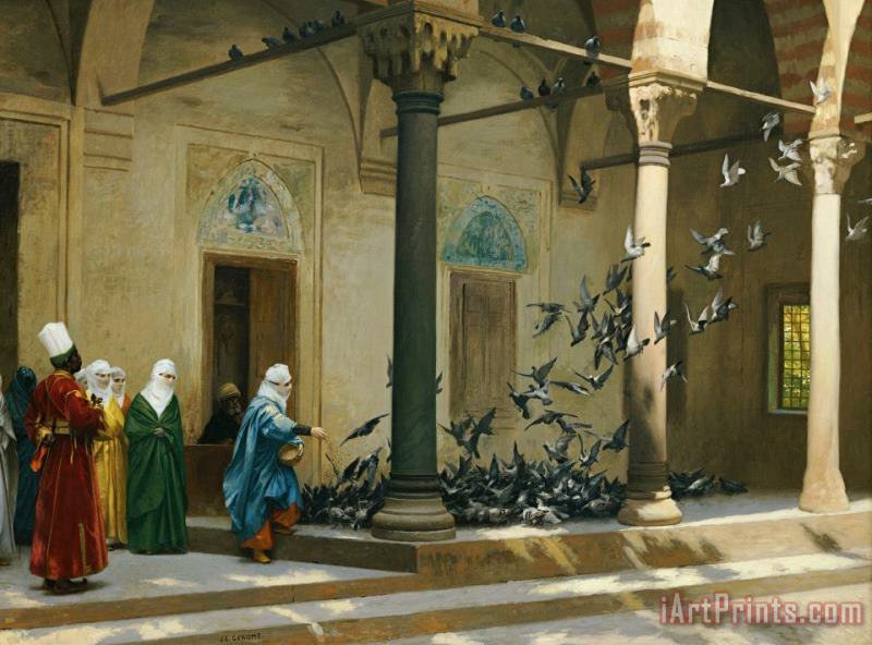 Harem Women Feeding Pigeons In A Courtyard painting - Jean Leon Gerome Harem Women Feeding Pigeons In A Courtyard Art Print