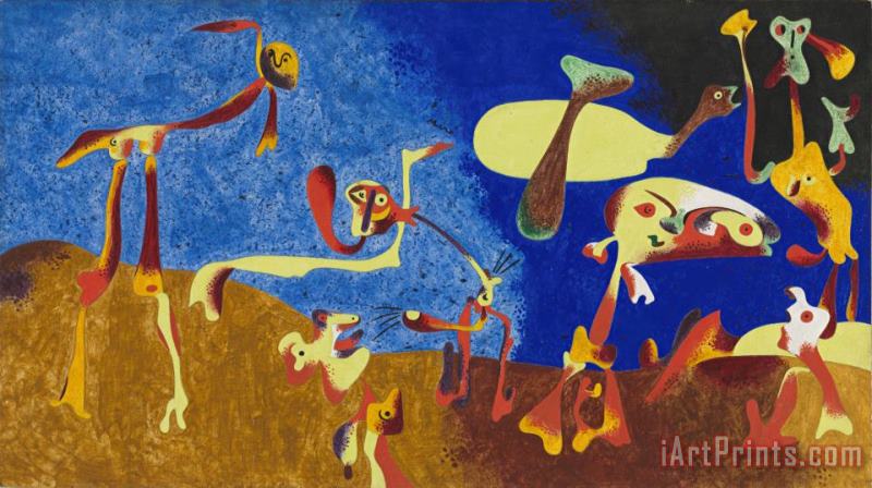 Joan Miro Figures And Birds in a Landscape Art Painting