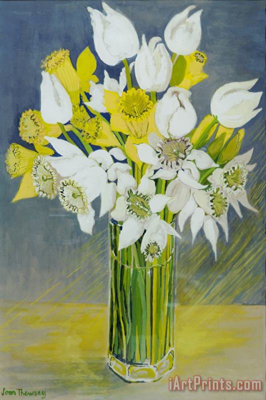 Joan Thewsey Daffodils And White Tulips In An Octagonal Glass Vase Art Print