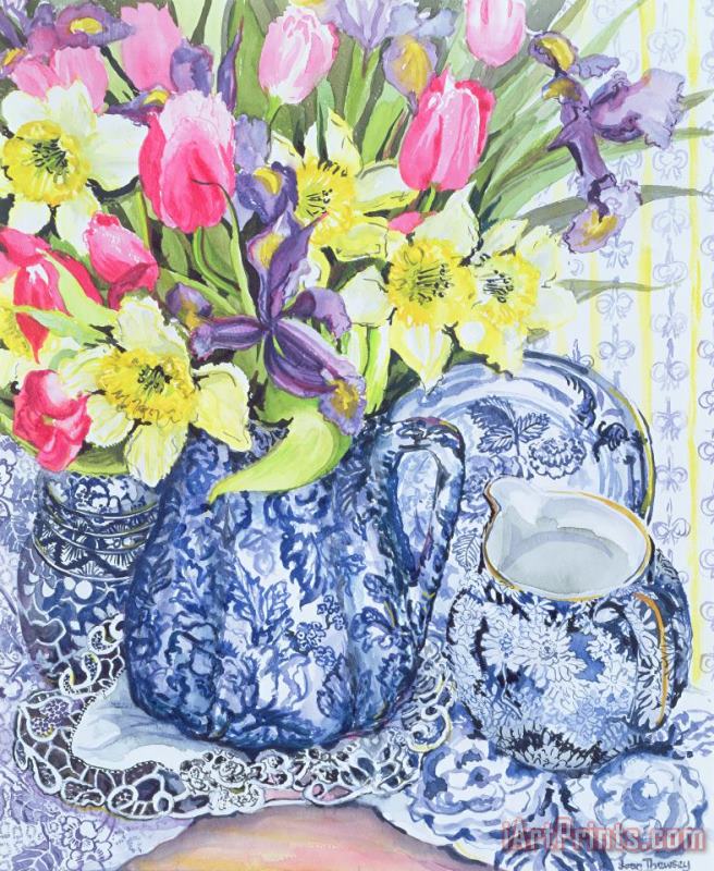 Joan Thewsey Daffodils Tulips And Irises With Blue Antique Pots Art Painting