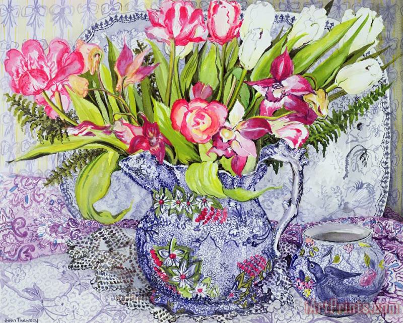 Joan Thewsey Pink And White Tulips Orchids And Blue Antique China Art Painting