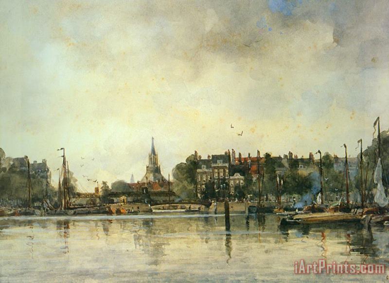 A Townview with Moored Vessels Along a Quay painting - Johan Hendrik Van Mastenbroek A Townview with Moored Vessels Along a Quay Art Print