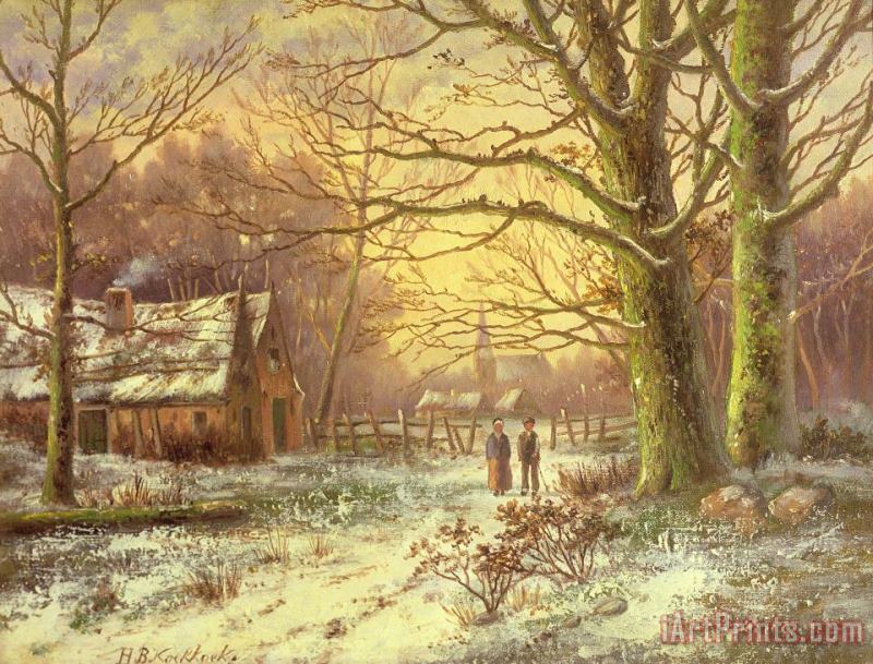 Johannes Hermann Barend Koekkoek Figures on a path before a village in winter Art Painting