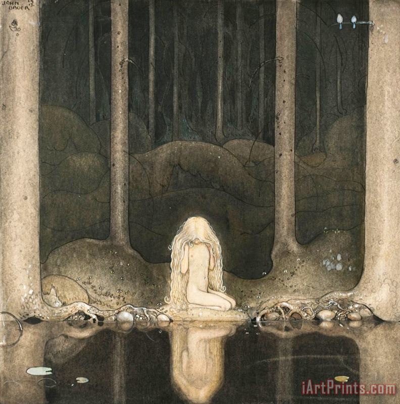 John Bauer Princess Tuvstarr Gazing Down Into The Dark Waters of The Forest Tarn. Art Print