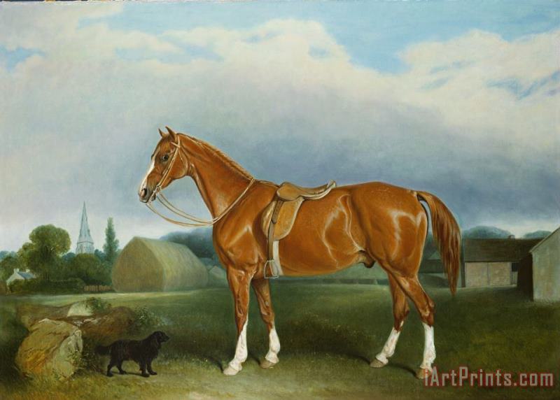 A Chestnut Hunter and a Spaniel by Farm Buildings painting - John E Ferneley A Chestnut Hunter and a Spaniel by Farm Buildings Art Print