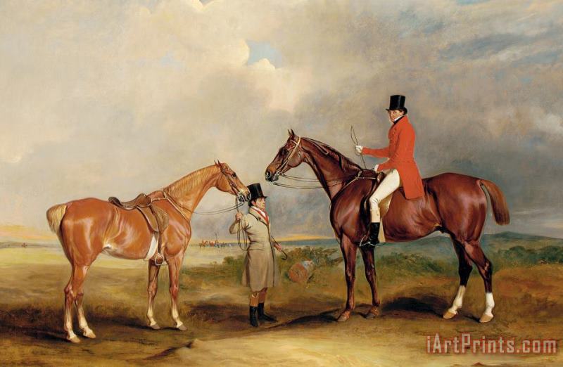 John E Ferneley Portrait Of John Drummond On A Hunter With A Groom Holding His Second Horse Art Print
