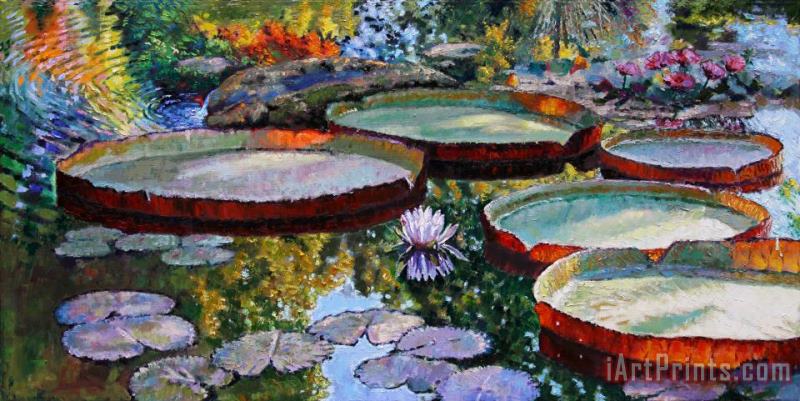 John Lautermilch Morning Sunlight on Fall Lily Pond Art Painting