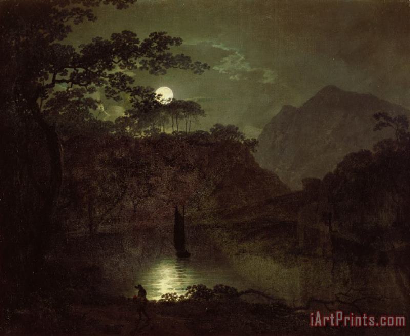 A Lake by Moonlight painting - Joseph Wright of Derby A Lake by Moonlight Art Print