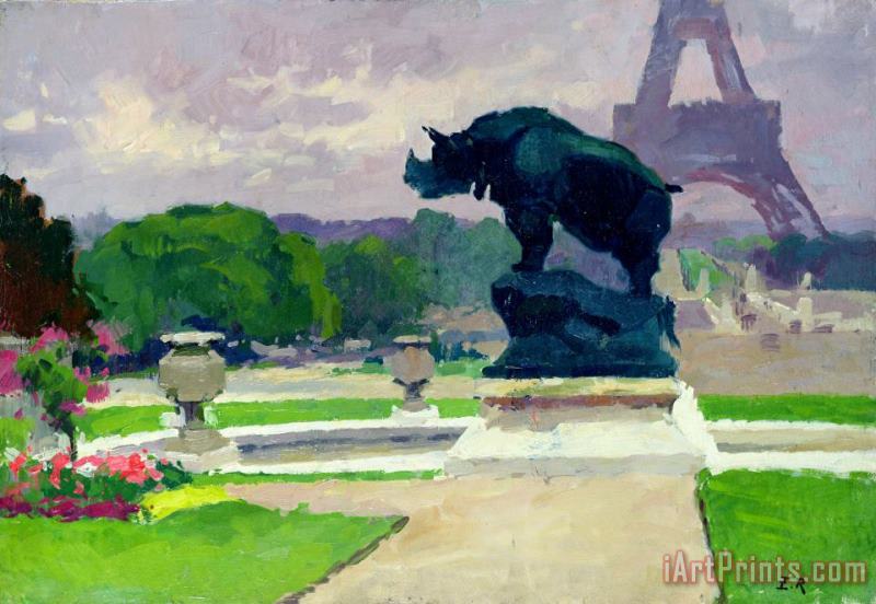 Jules Ernest Renoux The Trocadero Gardens And The Rhinoceros by Jacquemart (oil on Canvas) Art Painting