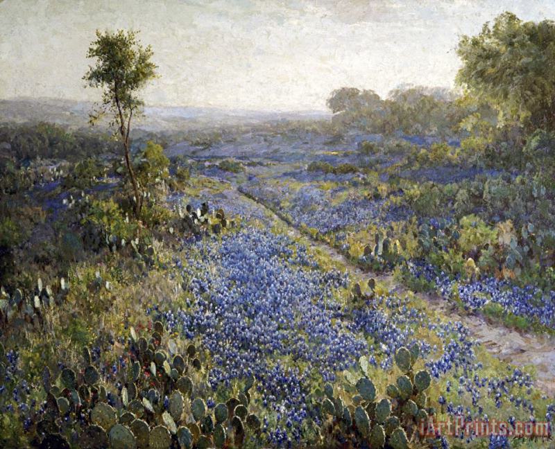 Julian Onderdonk Field of Texas Bluebonnets And Prickly Pear Cacti Art Painting