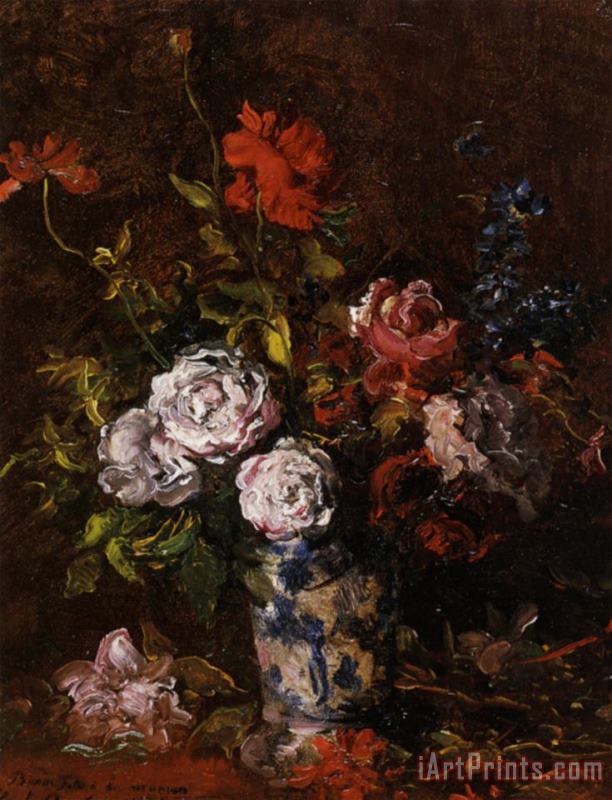 Karl Pierre Daubigny Floral Still Life in a Blue And White Porcelain Vase Art Painting