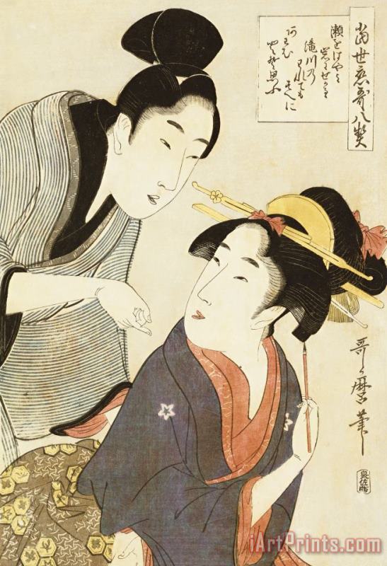 A Double Half Length Portrait Of A Beauty And Her Admirer painting - Kitagawa Utamaro A Double Half Length Portrait Of A Beauty And Her Admirer Art Print