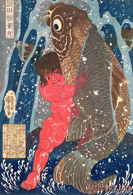Kuniyoshi Kintoki Swims up the Waterfall Art Painting