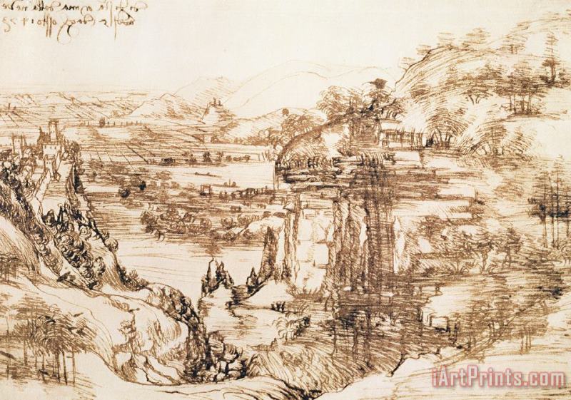 Arno Landscape painting - Leonardo da Vinci Arno Landscape Art Print