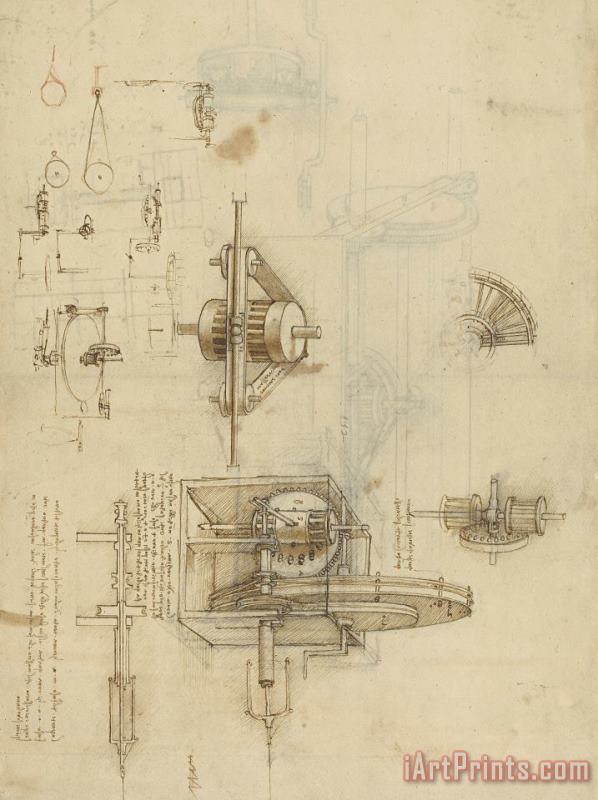 Crank Spinning Machine With Several Details painting - Leonardo da Vinci Crank Spinning Machine With Several Details Art Print