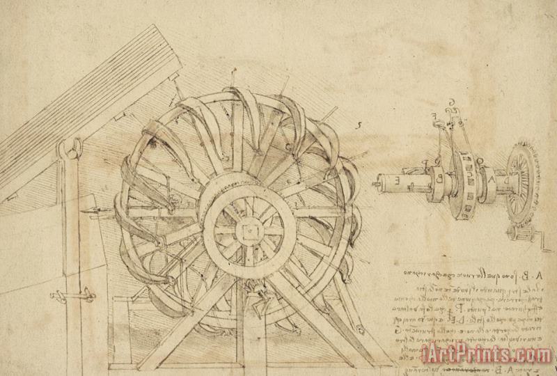 Great Sling Rotating On Horizontal Plane Great Wheel And Crossbows Devices From Atlantic Codex painting - Leonardo da Vinci Great Sling Rotating On Horizontal Plane Great Wheel And Crossbows Devices From Atlantic Codex Art Print