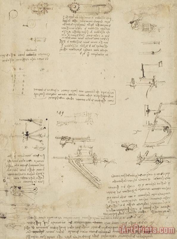 Notes About Perspective And Sketch Of Devices For Textile Machinery From Atlantic Codex painting - Leonardo da Vinci Notes About Perspective And Sketch Of Devices For Textile Machinery From Atlantic Codex Art Print