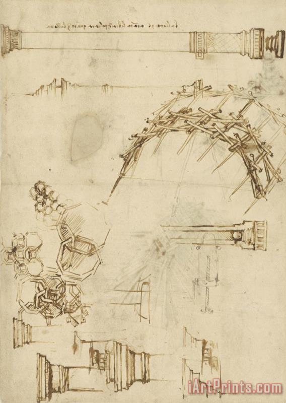 Leonardo da Vinci Screw Breech Bombard Decorative Geometrical Drawings Framework Of Self Supporting Military Bridge Art Painting