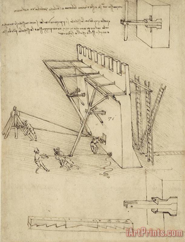 Siege Machine In Defense Of Fortification With Details Of Machine From Atlantic Codex painting - Leonardo da Vinci Siege Machine In Defense Of Fortification With Details Of Machine From Atlantic Codex Art Print
