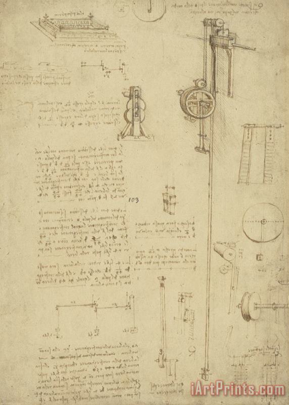 Study And Calculations For Determining Friction Drawing With Notes On Gardens Of Milanese Palace painting - Leonardo da Vinci Study And Calculations For Determining Friction Drawing With Notes On Gardens Of Milanese Palace Art Print