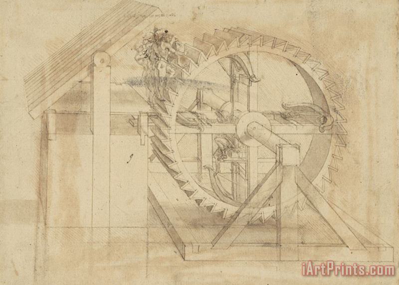 Leonardo da Vinci War Machine Composed Of Big Wheel With 44 Steps Set In Motion By Weight Of Ten Men And By Soldier Art Print
