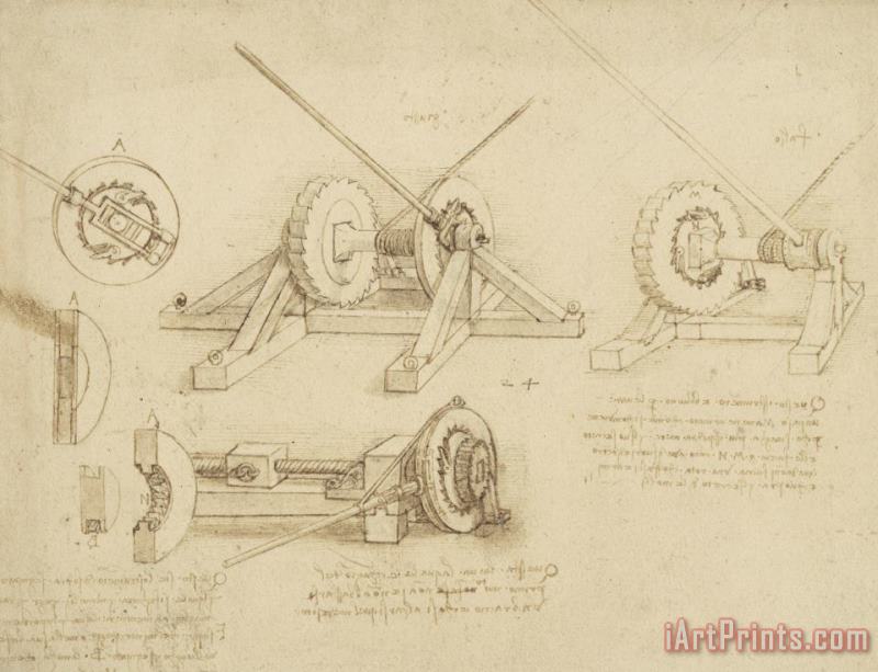 Leonardo da Vinci Winch Great Spring Catapult And Ladder From Atlantic Codex Art Painting