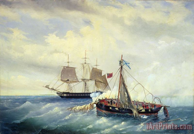 Battle between the Russian ship Opyt and a British frigate off the coast of Nargen Island painting - Leonid Demyanovich Blinov Battle between the Russian ship Opyt and a British frigate off the coast of Nargen Island Art Print