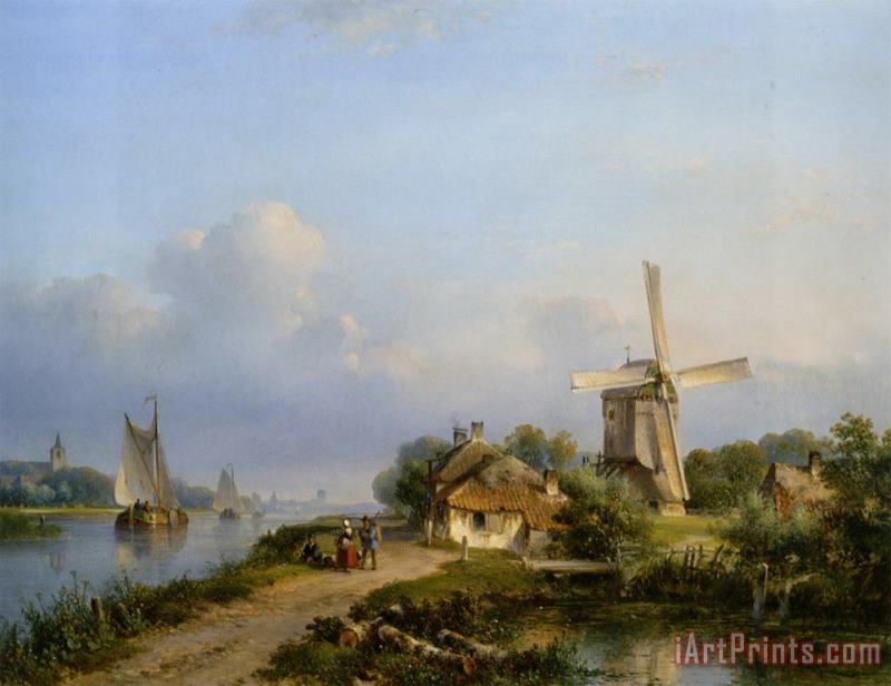 Lodewijk Johannes Kleijn Figures on a Canal Near a Windmill Art Painting