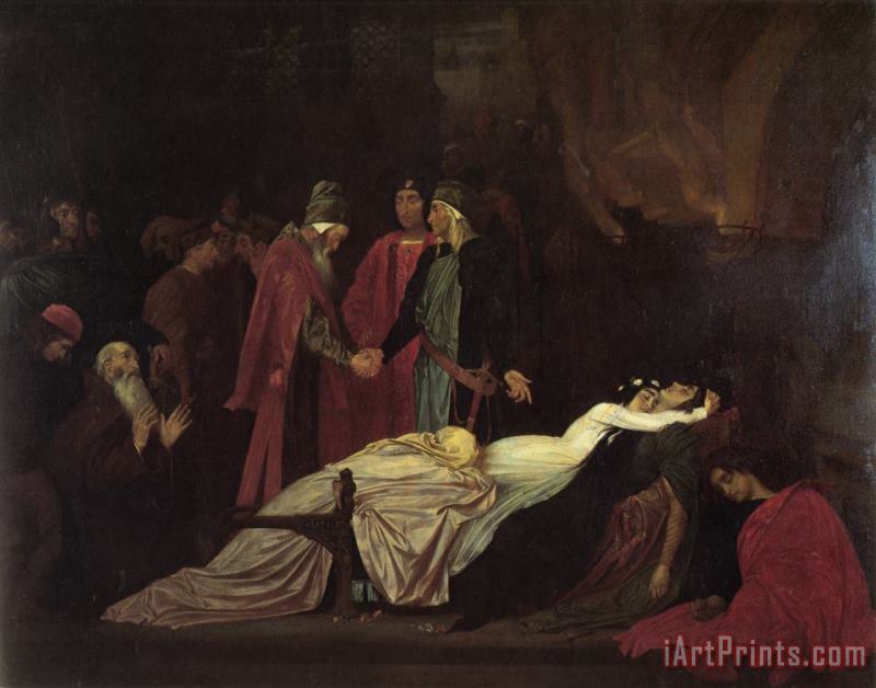 Lord Frederick Leighton The Reconciliation of The Montagues And Capulets Over The Dead Bodies of Romeo And Juliet Art Painting
