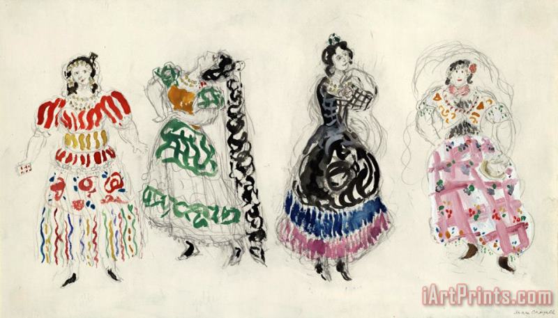Gypsies, Costume Design for Aleko (scene Iv). (1942) painting - Marc Chagall Gypsies, Costume Design for Aleko (scene Iv). (1942) Art Print