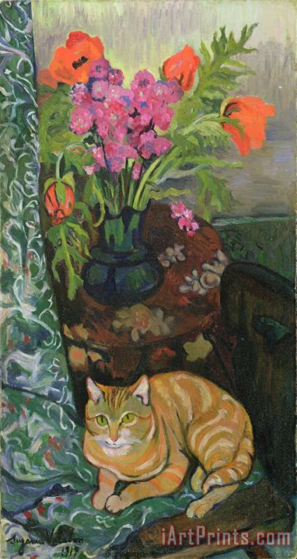 Marie Clementine Valadon Bouquet and a Cat Art Painting