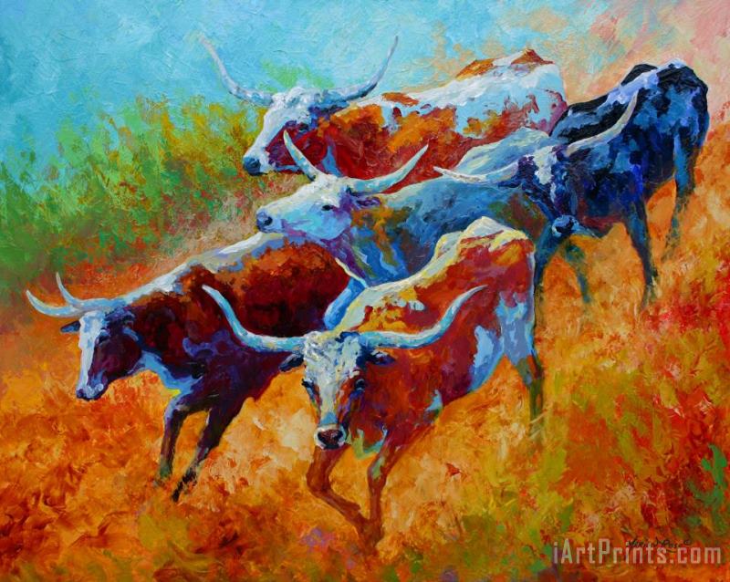 Over The Ridge - Longhorns painting - Marion Rose Over The Ridge - Longhorns Art Print