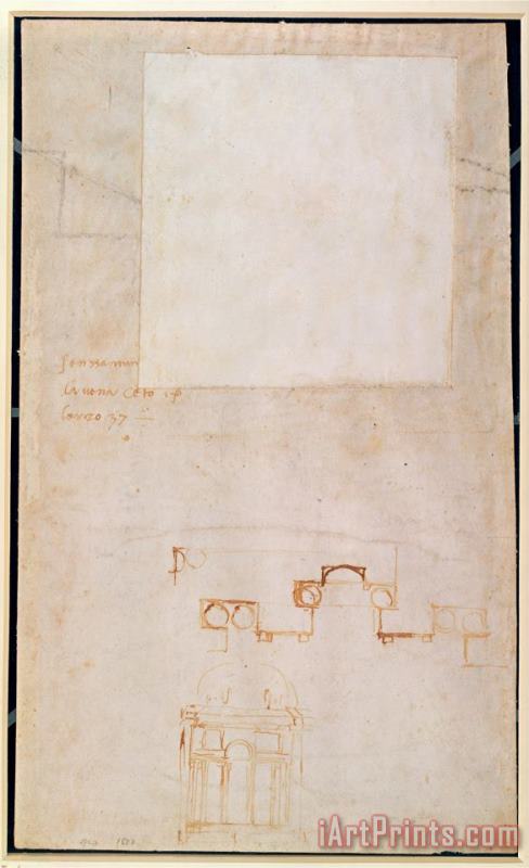 Architectural Study with Notes Brown Pen on Paper Recto painting - Michelangelo Buonarroti Architectural Study with Notes Brown Pen on Paper Recto Art Print