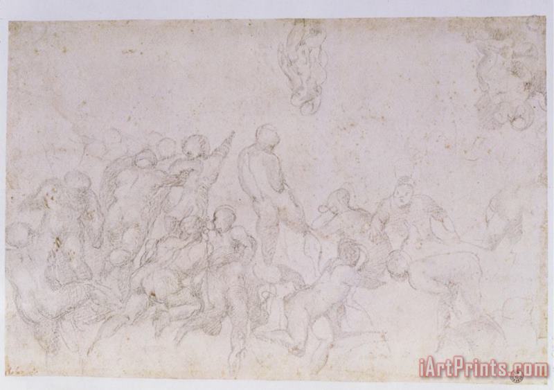 Preparatory Sketch for The Battle of The Cascina And Two Additional Sketches painting - Michelangelo Buonarroti Preparatory Sketch for The Battle of The Cascina And Two Additional Sketches Art Print