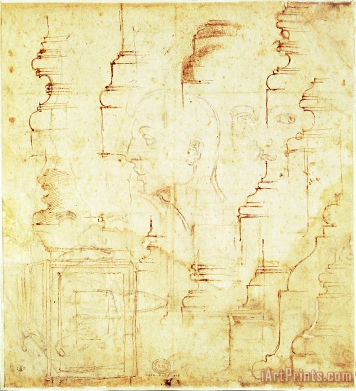 Sketches of a Column And Faces painting - Michelangelo Buonarroti Sketches of a Column And Faces Art Print