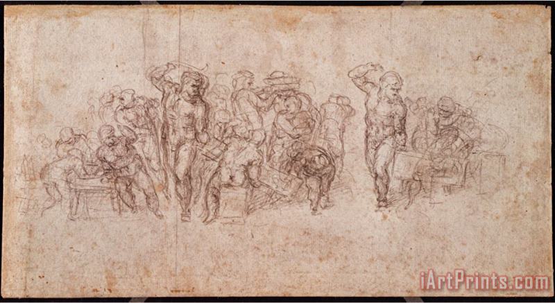 Michelangelo Buonarroti Study of Figures for a Narrative Scene Black Chalk on Paper Recto for Verso See 191764 Art Print