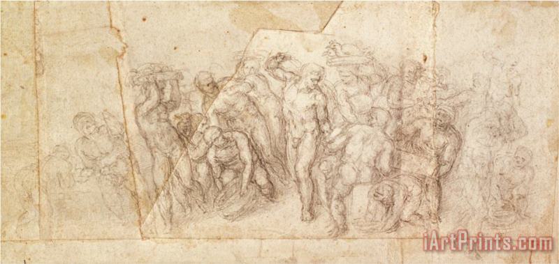 Michelangelo Buonarroti Study of Figures for a Narrative Scene Charcoal on Paper Recto Art Print