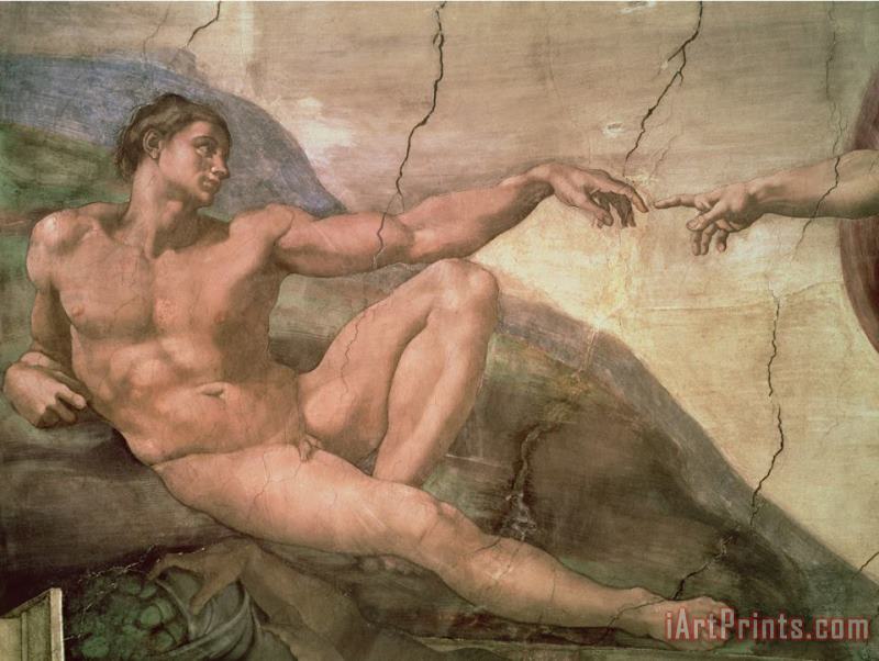 Michelangelo Buonarroti The Creation of Adam From The Sistine Ceiling 1511 Fresco Pre Restoration Art Painting