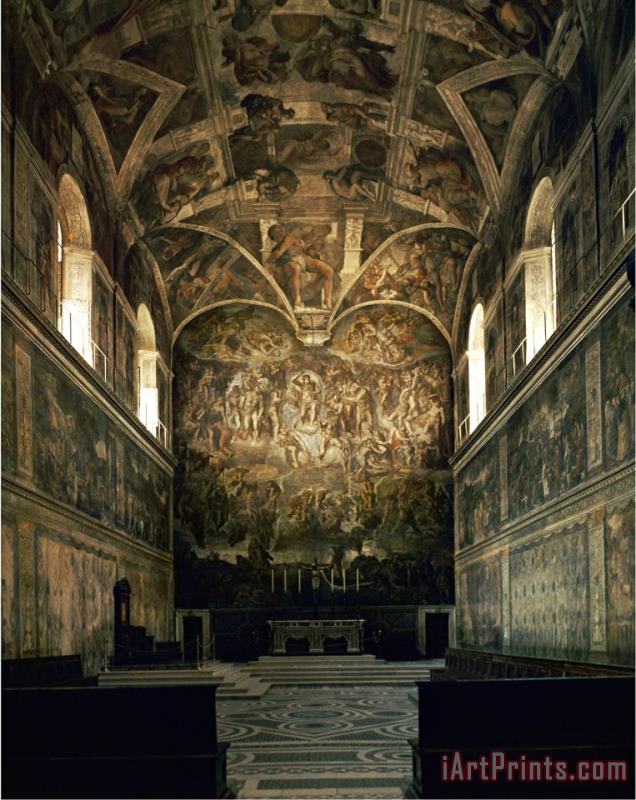 View of The Sistine Chapel Showing The Last Judgement And Part of The Ceiling Before Restoration painting - Michelangelo Buonarroti View of The Sistine Chapel Showing The Last Judgement And Part of The Ceiling Before Restoration Art Print