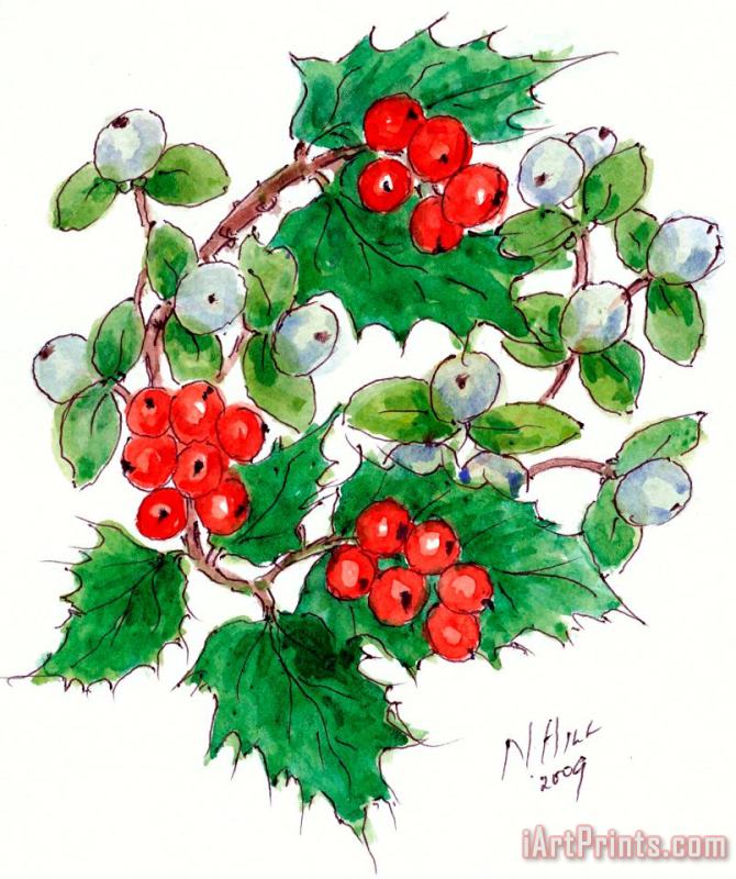 Nell Hill Mistletoe And Holly Wreath Art Print