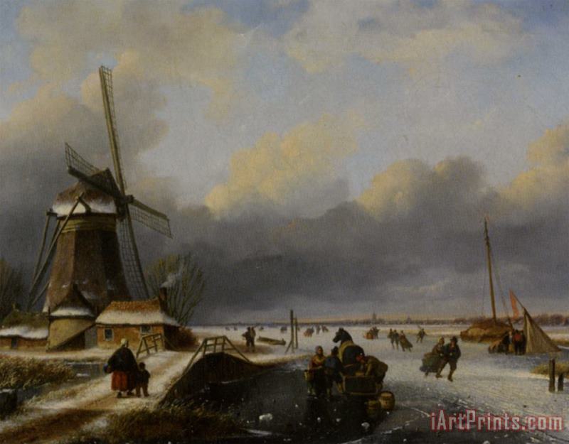 Nicolaas Johannes Roosenboom Skaters on a Frozen River Art Painting