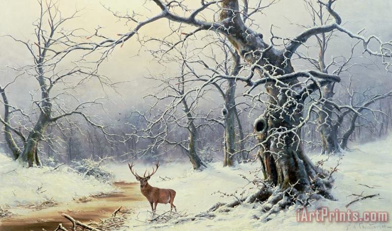 Nils Hans Christiansen  A Stag in a Wooded Landscape Art Painting