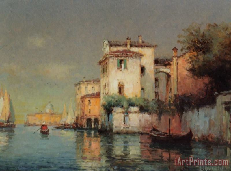 Noel Bouvard Venetian Canal Scene with Fishing Boats And Gondolas Art Painting
