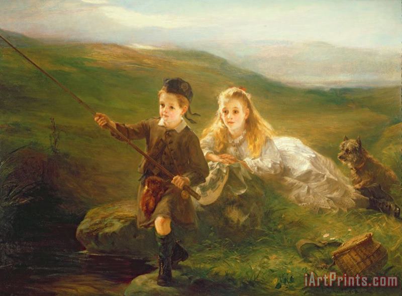 Otto Leyde Two Children Fishing in Scotland Art Painting