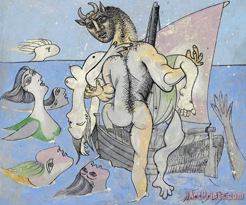Baigneuses, Sirenes, Femme Nue Et Minotaure painting - Pablo Picasso Baigneuses, Sirenes, Femme Nue Et Minotaure Art Print
