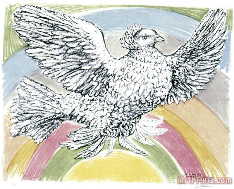 Pablo Picasso Flying Dove with Rainbow Background Art Print