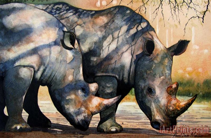Rhinos in dappled shade. painting - Paul Dene Marlor Rhinos in dappled shade. Art Print