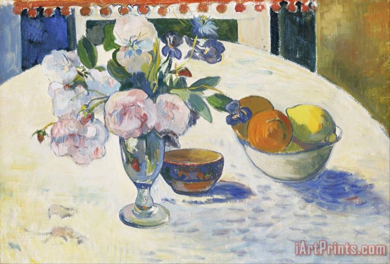 Paul Gauguin Flowers And a Bowl of Fruit on a Table Art Painting