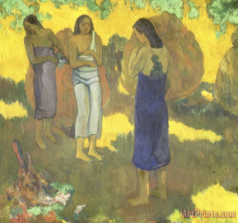 Three Tahitian Women Against a Yellow Background painting - Paul Gauguin Three Tahitian Women Against a Yellow Background Art Print