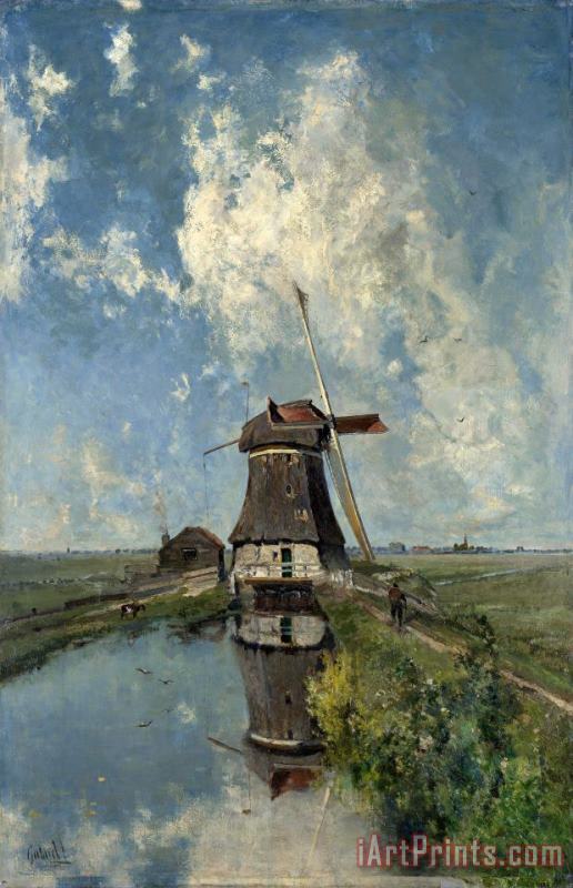 Paul Joseph Constantin Gabriel 'in The Month of July': a Windmill on a Polder Waterway Art Painting